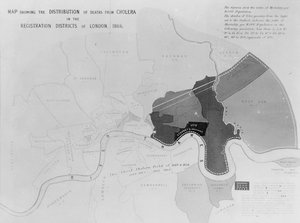 1866年のロンドンの登録地区におけるコレラからの死者の分布を示す地図